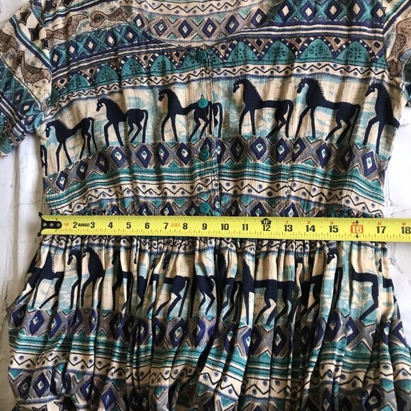 Vintage Phool Maxi Dress South West Folk Horse Print Indian Broomstick Button‎ M - Picture 8 of 9
